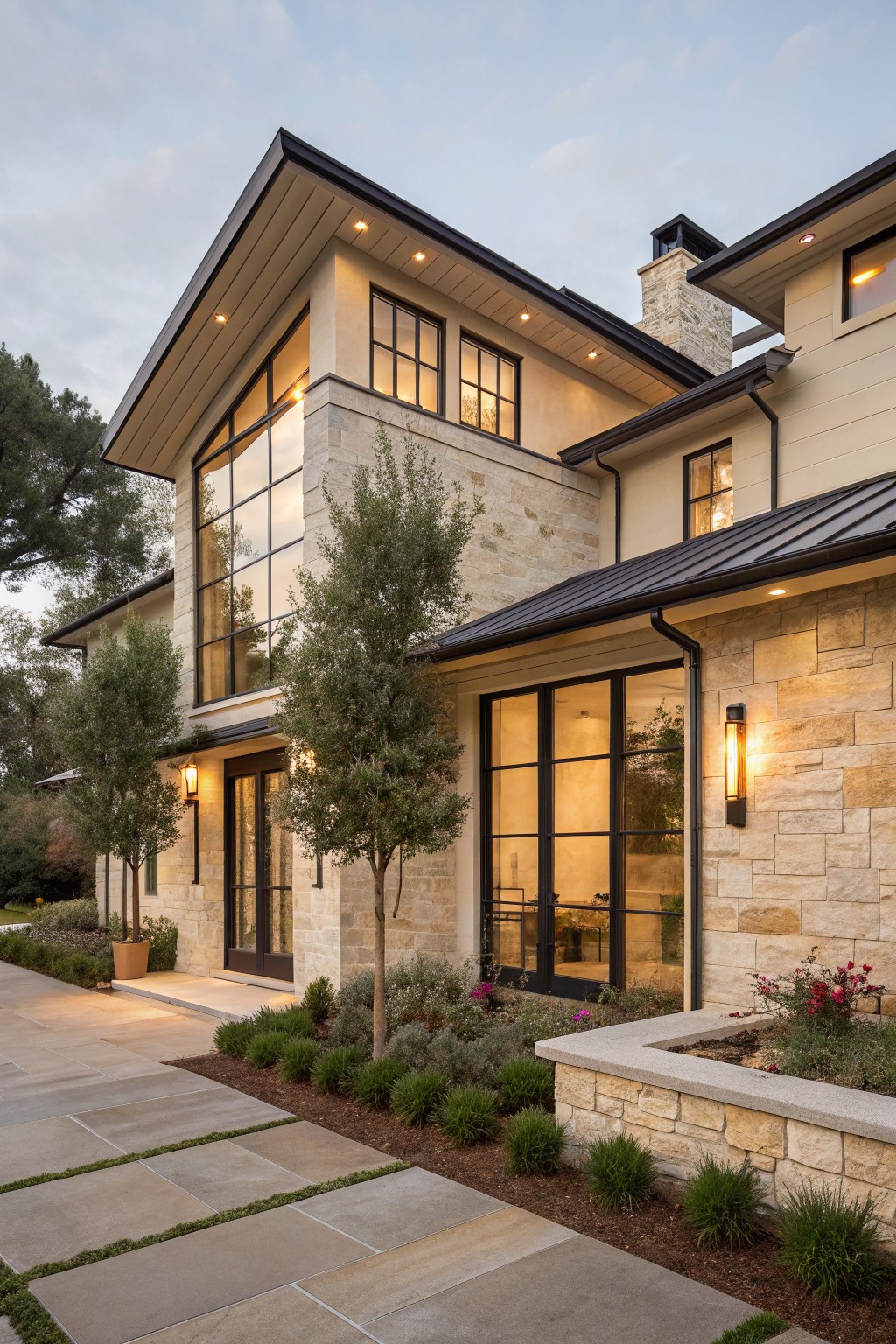 Side exterior view of a two-story modern farmhouse with beige stone veneer on corner walls and base, black-framed windows and doors, dark metal roof, concrete paver pathway, olive trees flanking the entry, and low groundcover plantings.