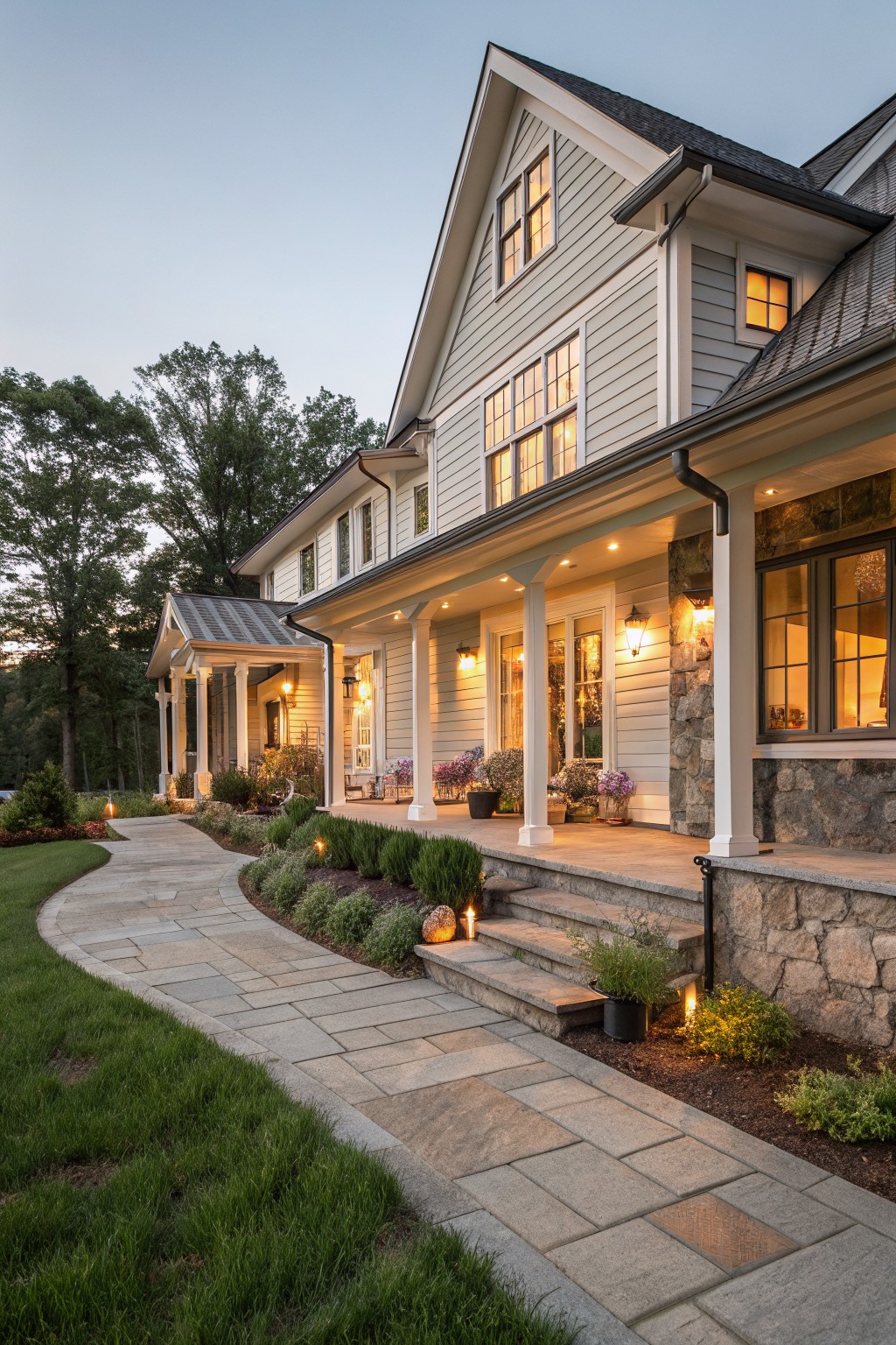 Two-story modern farmhouse exterior with light gray clapboard siding, stone veneer base and accents, covered porch with columns, stone steps, curved bluestone pathway, shrubs, and landscape lighting at dusk.