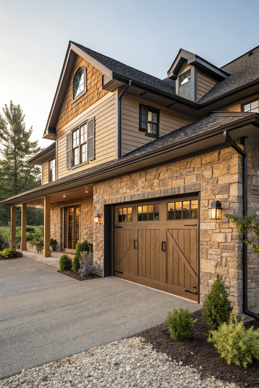 Two-story modern farmhouse exterior with stone veneer on the lower garage and porch, beige wood siding and shakes on upper levels, brown wood garage doors, covered porch with columns, lanterns, landscaping beds, and pine trees nearby.