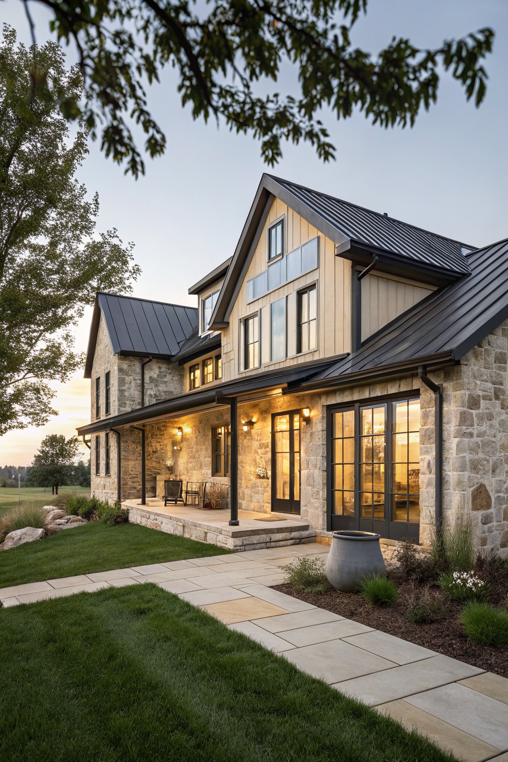 Modern farmhouse exterior featuring light stone veneer on lower walls, beige board-and-batten siding above, black metal roof, large windows, covered porch with chairs, stone steps, potted plant, pathway, grass lawn, and trees at dusk.
