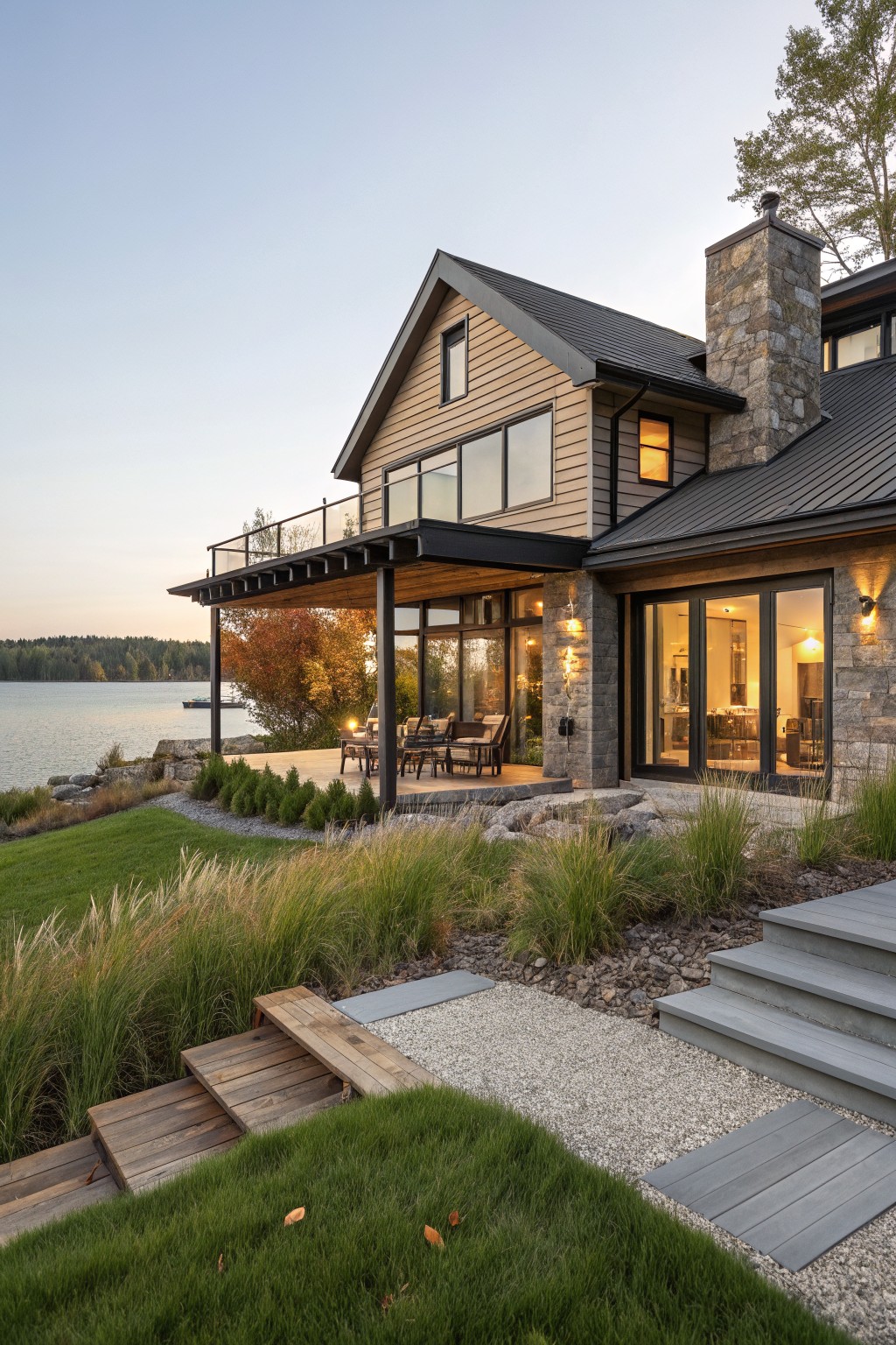 Modern farmhouse exterior featuring light wood siding, tall fieldstone chimney, black metal roof, large glass walls and windows, covered deck with furniture overlooking a lake, and steps through ornamental grass to lawn.