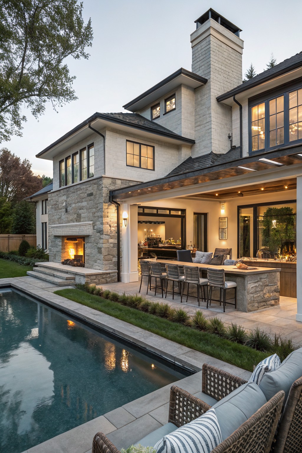 Rear view of a two-story modern farmhouse house with tall stone veneer chimney, covered patio featuring outdoor kitchen bar, stone fireplace, and rectangular pool edged by lawn and plants.