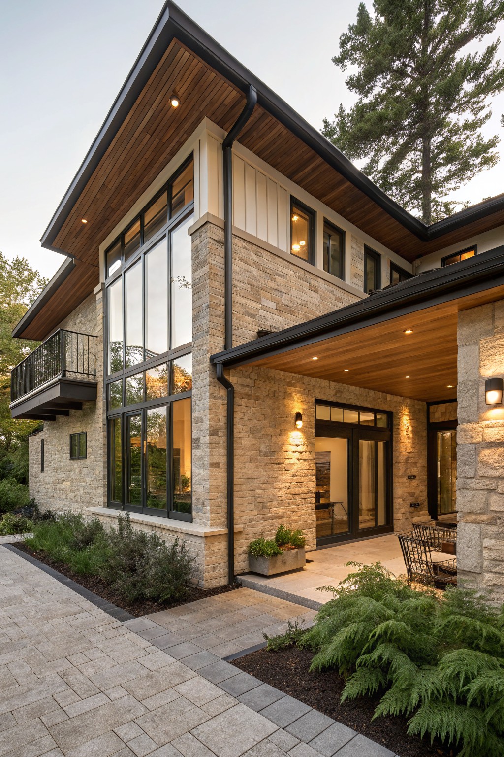 Corner view of a two-story modern house exterior with beige stone veneer walls, dark wood roof overhangs and soffits, large glass window walls, black metal balcony railing, glass entry doors, paver pathway, and low plants along the base.