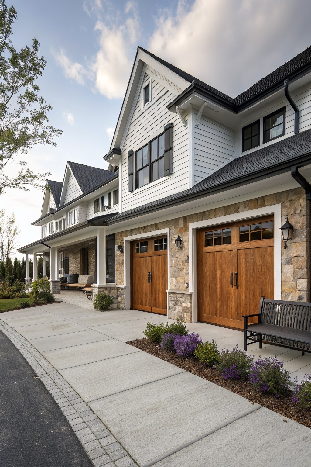 White clapboard modern farmhouse with gabled roof, stone veneer garage base and accents, wooden paneled garage doors, covered porch, black metal bench, purple flowering plants along concrete driveway, and lantern lights.