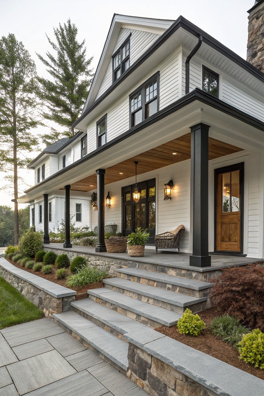 White modern farmhouse with black-trimmed windows and doors, wraparound porch supported by black columns, stone veneer on foundation and chimney, bluestone steps leading to entry, and low plantings along stone retaining wall.