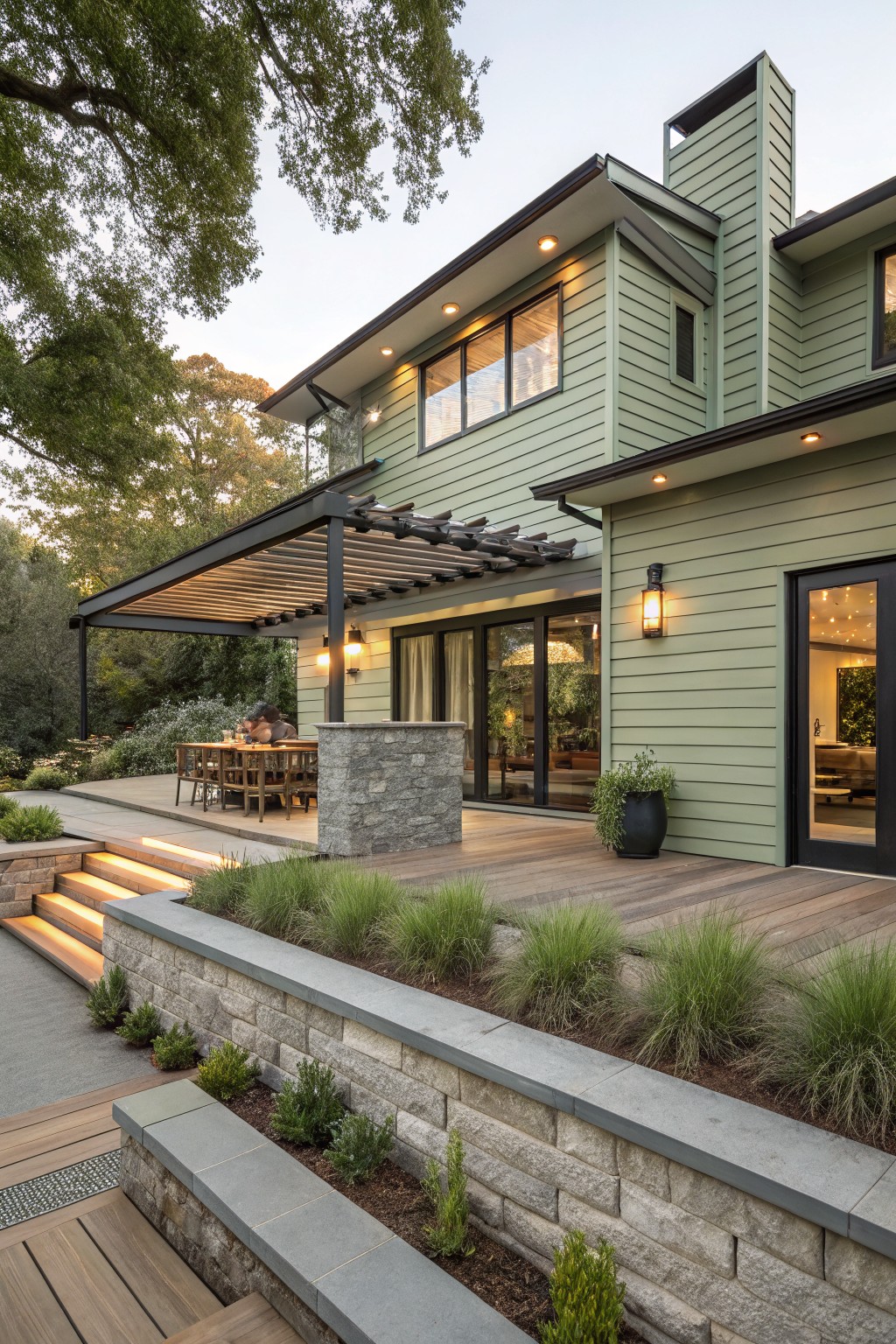 Sage green horizontal siding on modern house with large glass doors opening to wood deck under black louvered pergola, stone pedestal supporting outdoor dining table with chairs, stone retaining wall planted with grasses, and LED-lit steps below.