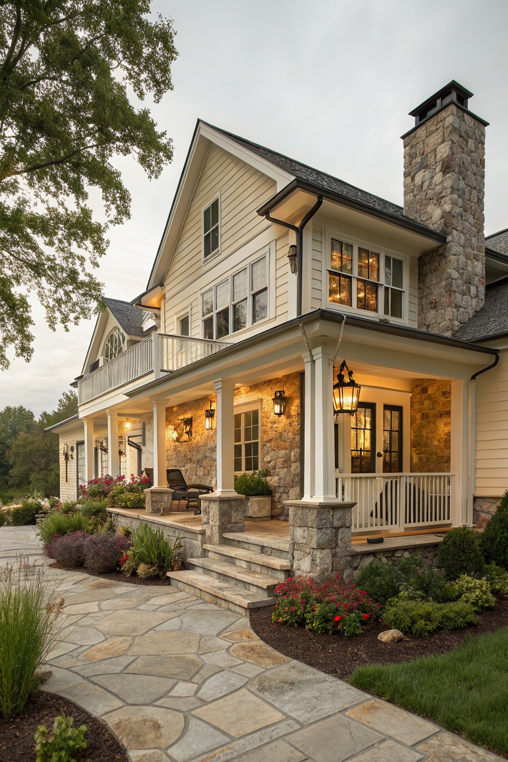 Two-story beige clapboard house with dark roof, tall stone chimney, wraparound front porch on stone columns, lanterns, potted plants, flower beds, and flagstone walkway.
