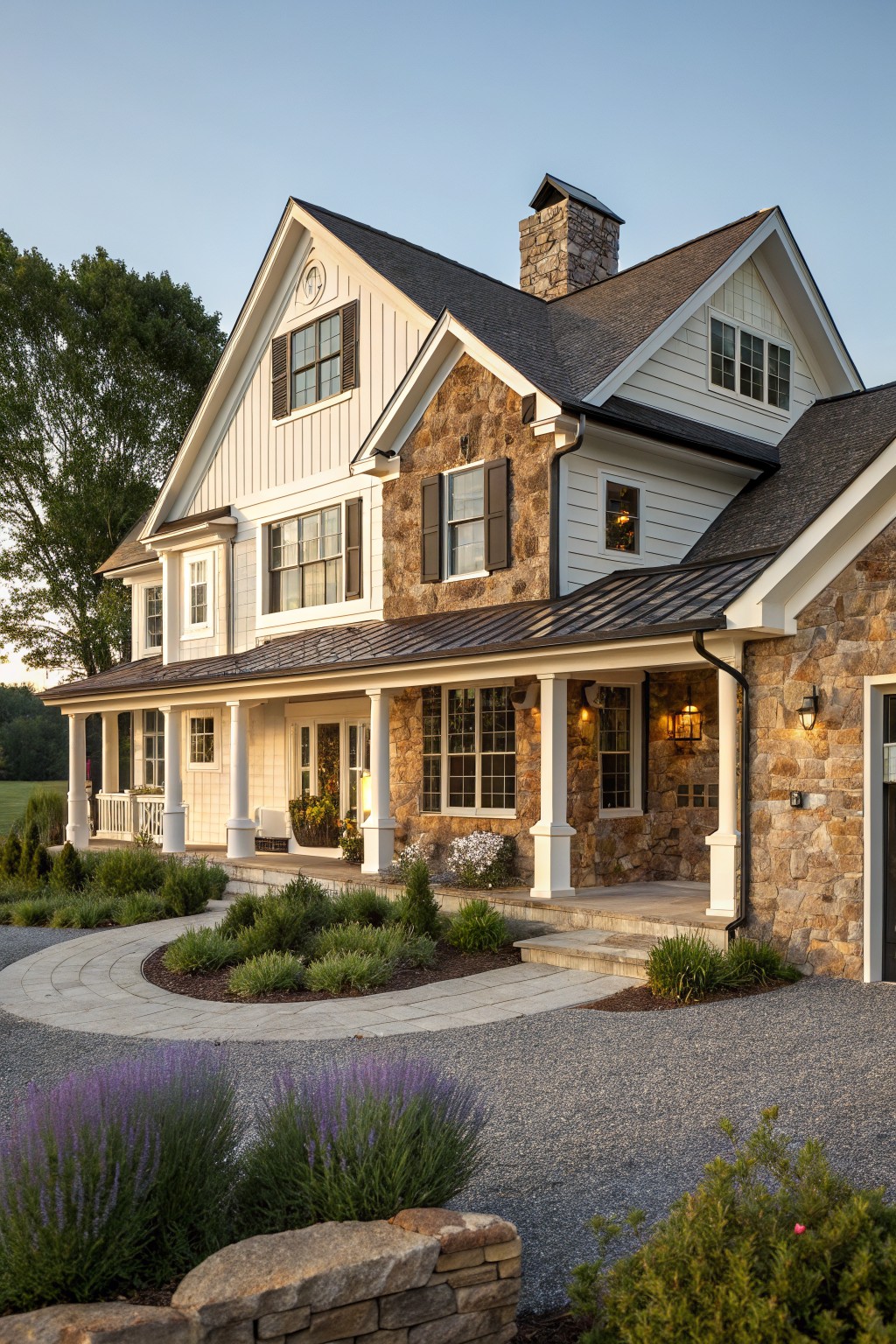 Two-story modern farmhouse exterior with white clapboard siding, tan stone veneer on lower level and accents, standing-seam metal roof, wraparound porch with columns, and gravel driveway edged by plants.