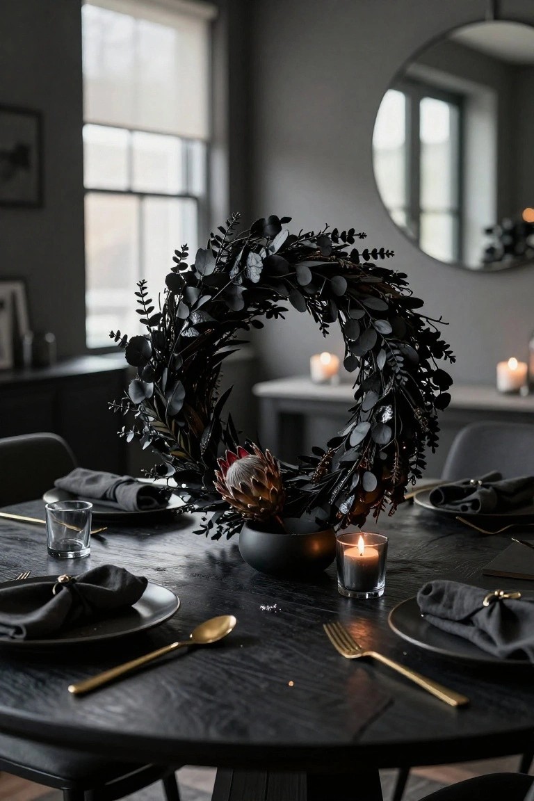 Black eucalyptus wreath with protea flower in a black bowl as centerpiece on dark wooden dining table set with black napkins, gold flatware, plates, glasses, and candles in a gray interior room.