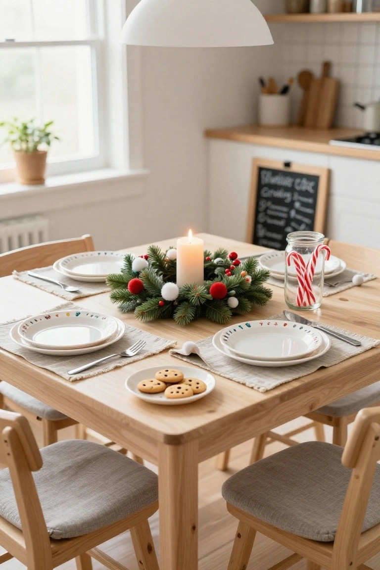 Festive wooden table with candle, wreath, cookies, and holiday place settings.