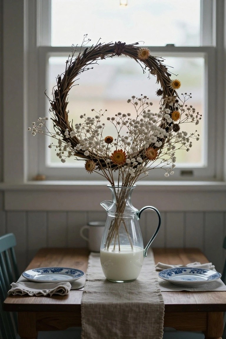 Wooden dining table with beige linen runner, blue floral plates, white napkins, clear glass jug of milk, glass vase of dried flowers and stems, and large wreath of dried grasses, strawflowers, and baby's breath positioned nearby a window in a light-filled room.