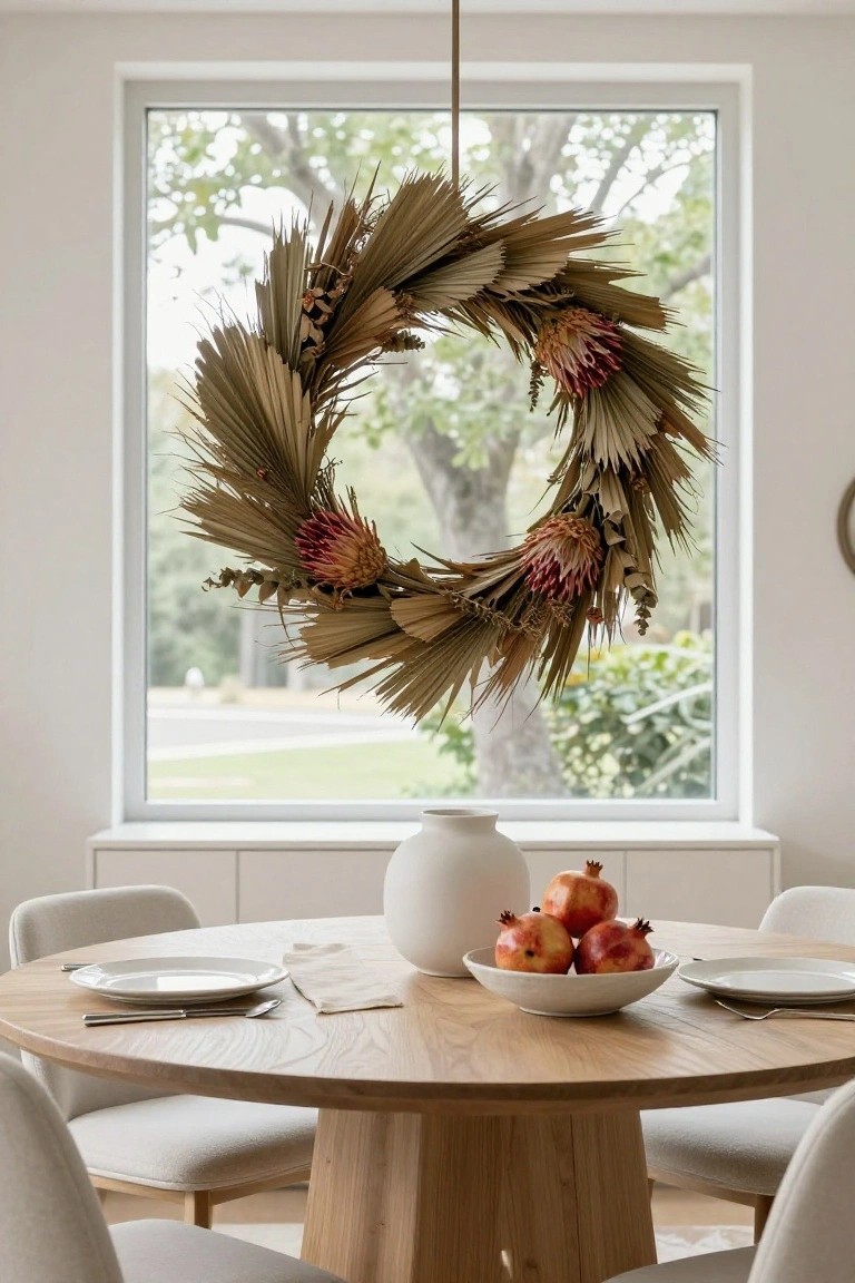 Large wreath of dried palm leaves and pink protea flowers hangs from the ceiling in front of a window above a round oak dining table set with white plates, linen napkins, silverware, and a white bowl of red pomegranates next to a white vase.