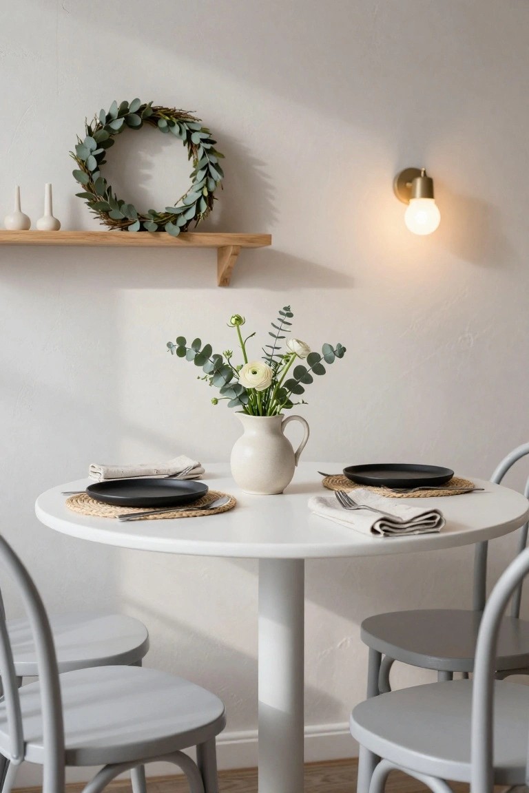 Close-up of a small round white table set for two meals with black plates on rattan placemats, silverware, linen napkins, and a cream jug holding white anemones and eucalyptus branches, gray curved chairs around it, wooden shelf with eucalyptus wreath and candles on a white wall with brass wall light.
