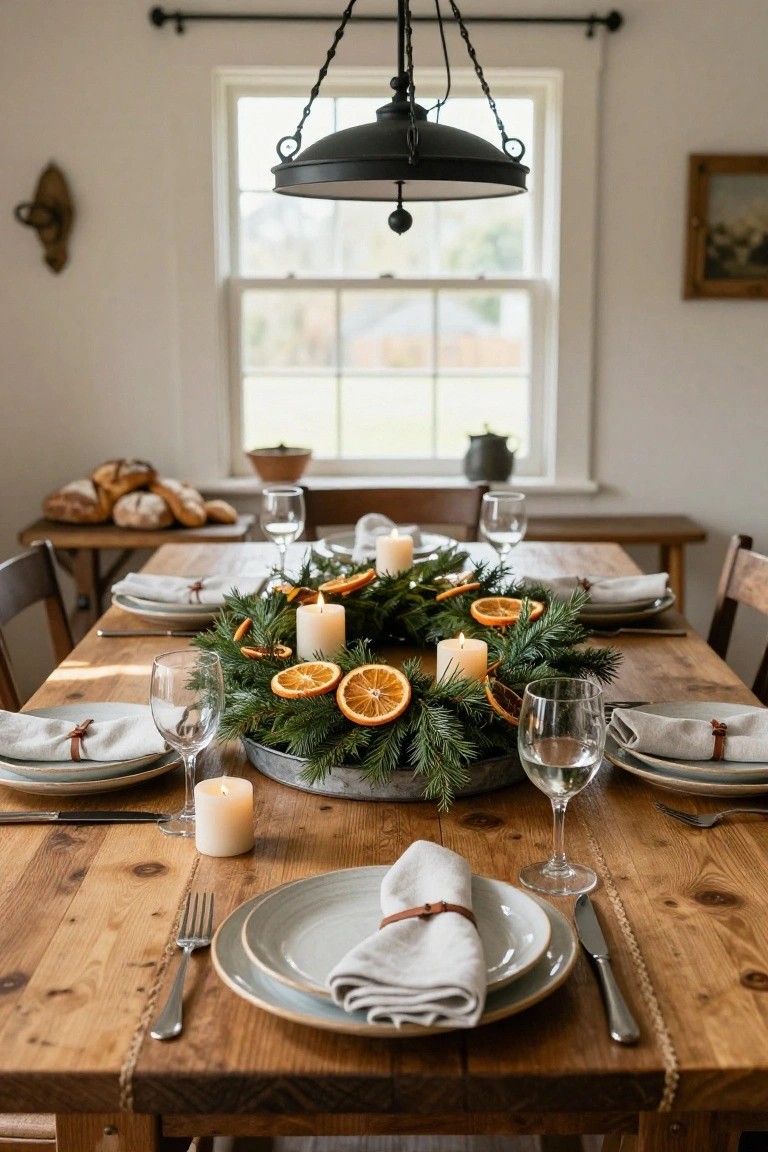 Close-up of a wooden dining table set for Christmas with white plates, linen napkins tied with leather straps, wine glasses, silverware, and a central galvanized metal bucket holding an evergreen wreath with dried orange slices and white pillar candles.
