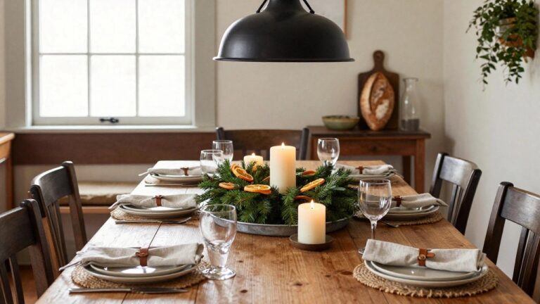 20 Stunning Christmas Wreath Centerpiece Ideas That Steal the Table Close-up of a wooden dining table set for Christmas with white plates, linen napkins tied with leather straps, wine glasses, silverware, and a central galvanized metal bucket holding an evergreen wreath with dried orange slices and white pillar candles.