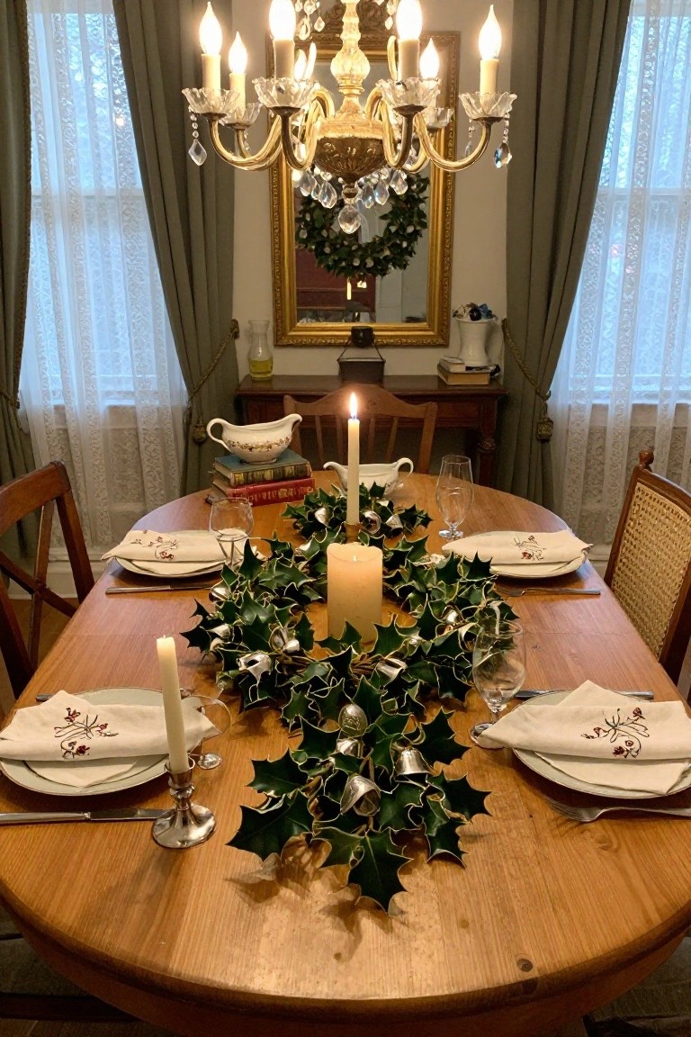 Elegant holiday dining table with holly centerpiece and glowing candles.
