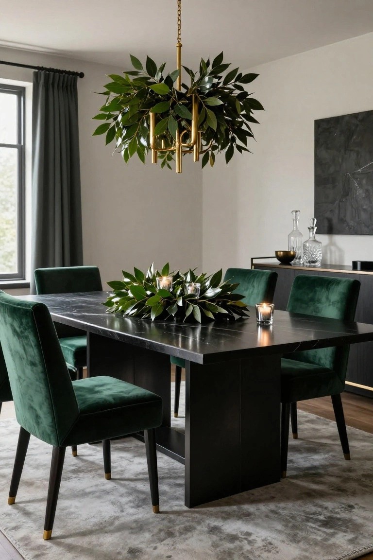 Elegant dining room with black marble table and green velvet chairs.