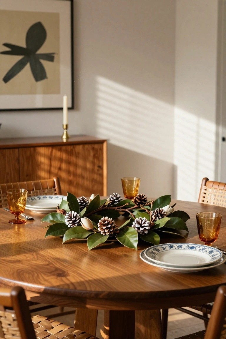 Wooden round dining table with a flat Christmas wreath centerpiece of green magnolia leaves, white buds, pinecones, and nuts, flanked by amber glasses, blue-and-white plates, and rattan chairs in a sunlit room.