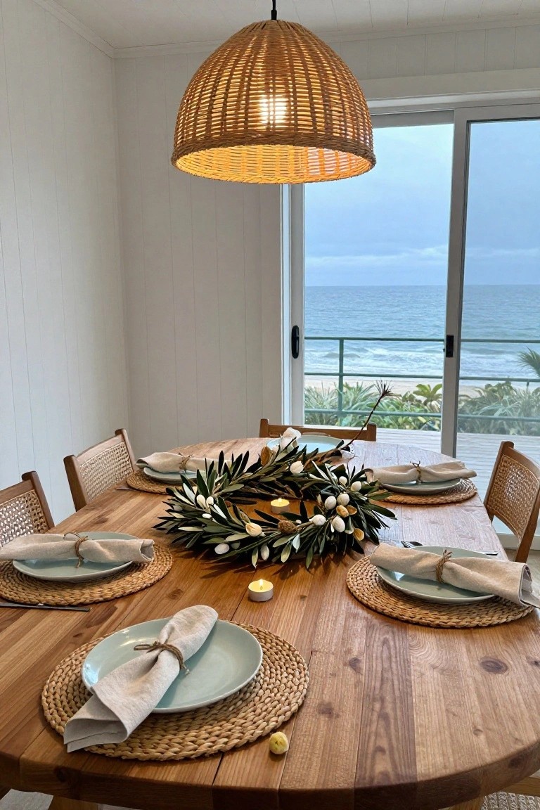 Wooden round dining table in a white interior with ocean view through glass doors, centered with an olive leaf wreath containing candles, set with blue plates, woven placemats, and linen napkins on rattan chairs.