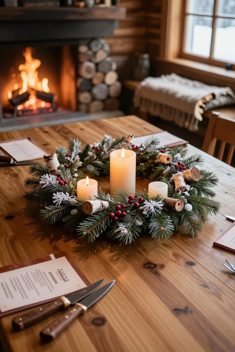 Wooden dining table in a log cabin interior with a circular evergreen wreath centerpiece containing white pillar candles, red berries, pine branches, birch log slices, and faux snow, place settings with knives and menus nearby, fireplace in background.