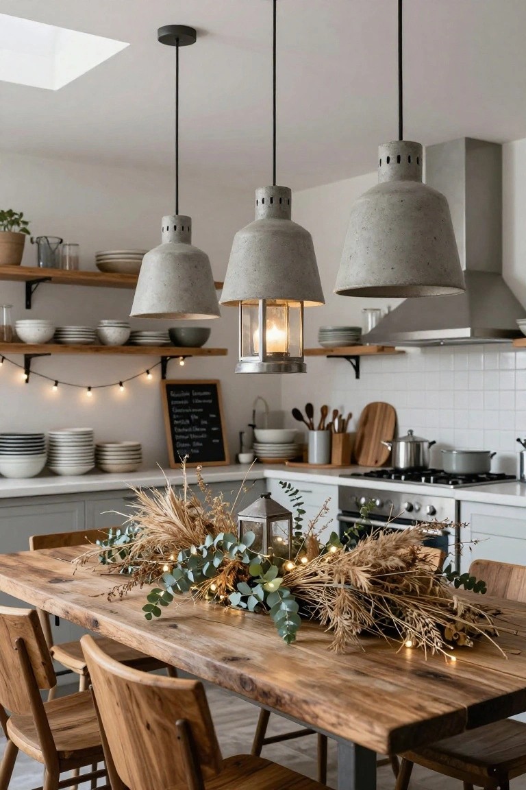 Kitchen with white subway tile walls, gray cabinets, wooden dining table centered with elongated arrangement of dried beige grasses, green eucalyptus, two metal lanterns, and white fairy lights, under three gray concrete pendant lights.