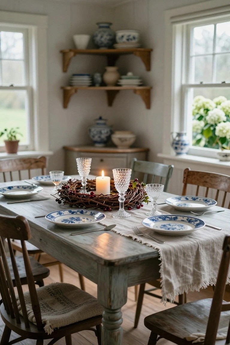 Wooden dining table in a white corner room set with blue and white patterned plates, silverware, crystal wine glasses, a central grapevine wreath with red berries and a lit white candle on a linen runner, wooden chairs with cushions, open shelves holding ceramics, potted plant, and windows with hydrangea view.