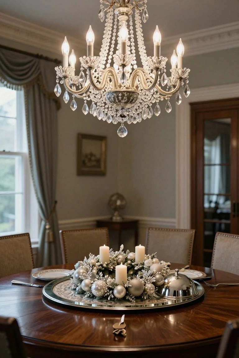 Formal dining room with crystal chandelier over round wooden table holding silver tray with Christmas wreath centerpiece of white candles, silver ornaments, and cloche dome, surrounded by upholstered chairs.