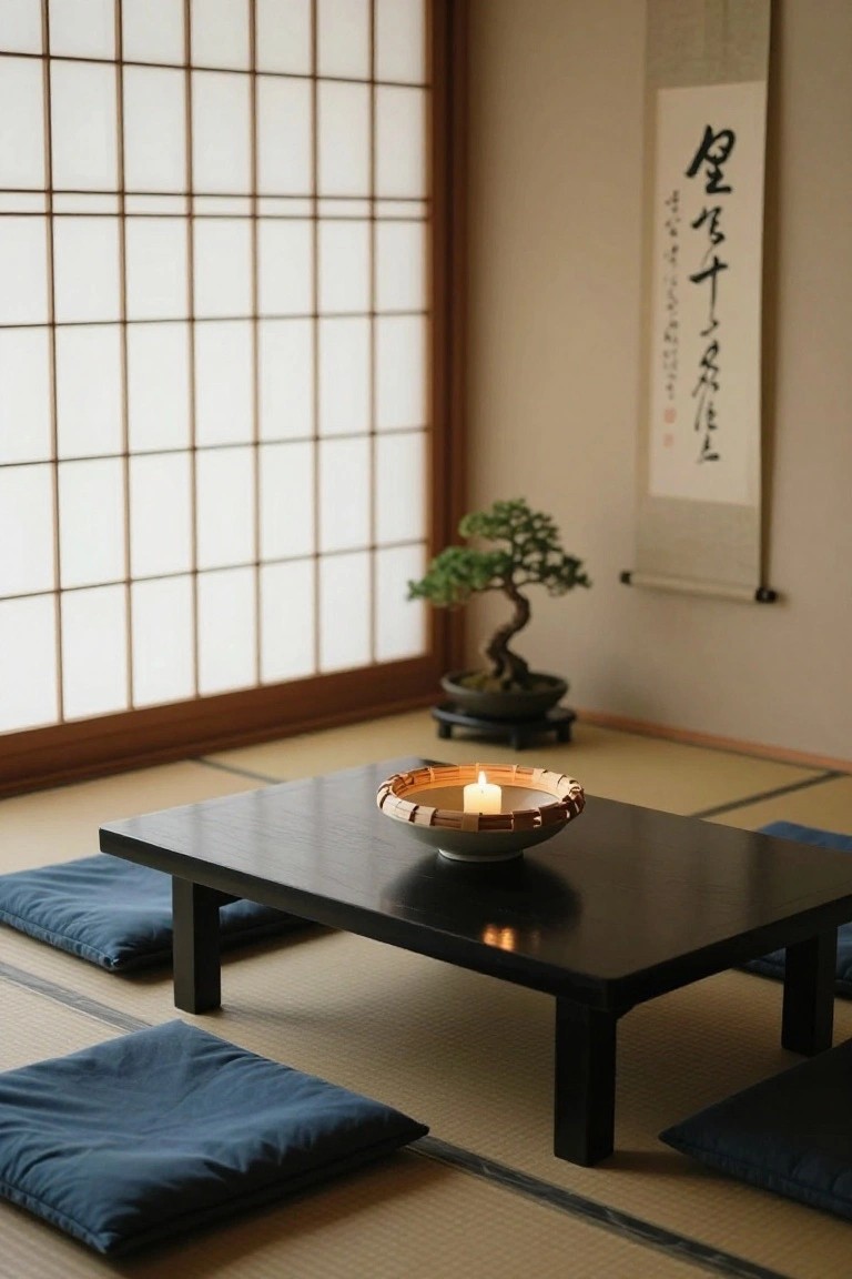 Japanese-style interior room with tatami mat flooring, shoji screens on wooden frames, low rectangular black table holding a lit candle in a round bowl with woven edging, blue floor cushions around the table, potted bonsai tree, and hanging white scroll with black calligraphy.