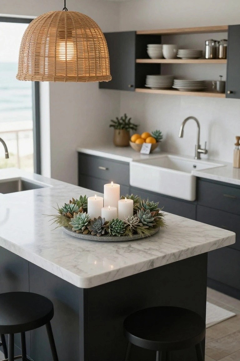Kitchen island with white marble top holding a circular gray tray of assorted green succulents and five white pillar candles arranged as a wreath, navy cabinets below, white farmhouse sink nearby, and large window with ocean view.