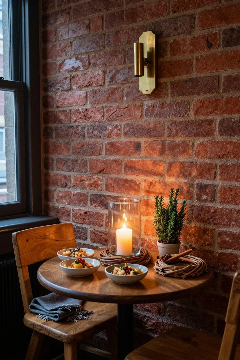 Round wooden table in brick-walled interior nook with two wooden chairs, set with white bowls of food inside woven wreaths, central glass candle holder with lit candle, small potted rosemary plant, cinnamon sticks on wreath, gray napkin draped on one chair.