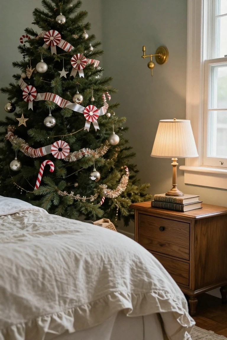 A Christmas tree decorated with red-and-white candy cane garlands, peppermint pinwheels, and silver ornaments stands in a bedroom corner beside a white bed, wooden nightstand with stacked books, a lamp, and a window.