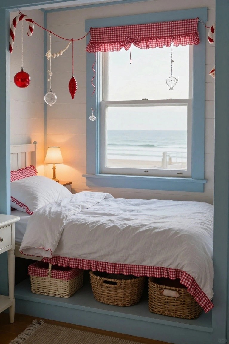 Cozy white bed built into a blue window alcove with red-and-white candy cane garland, ornaments, checkered bedding, wicker baskets underneath, and ocean beach view outside.