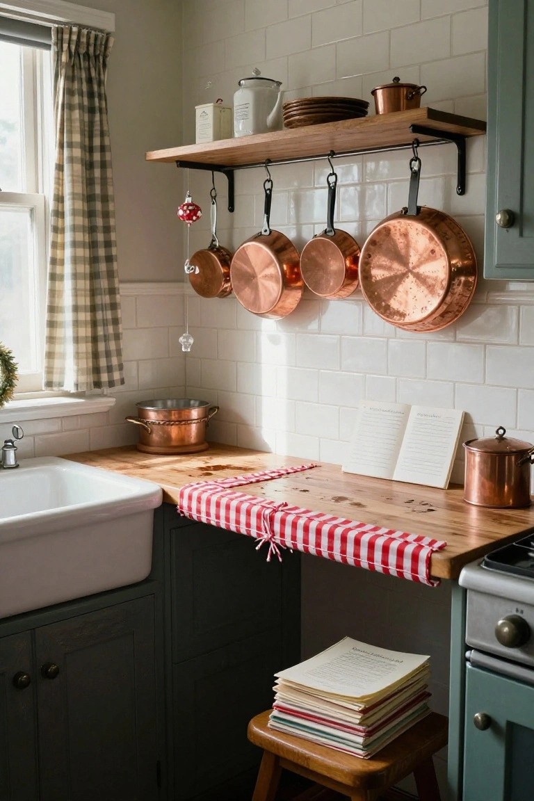 Kitchen with white subway tile walls, green cabinets, wooden countertop draped with red and white striped fabric along the edge, hanging copper pots, farmhouse sink, open notebook, and small Christmas decorations.
