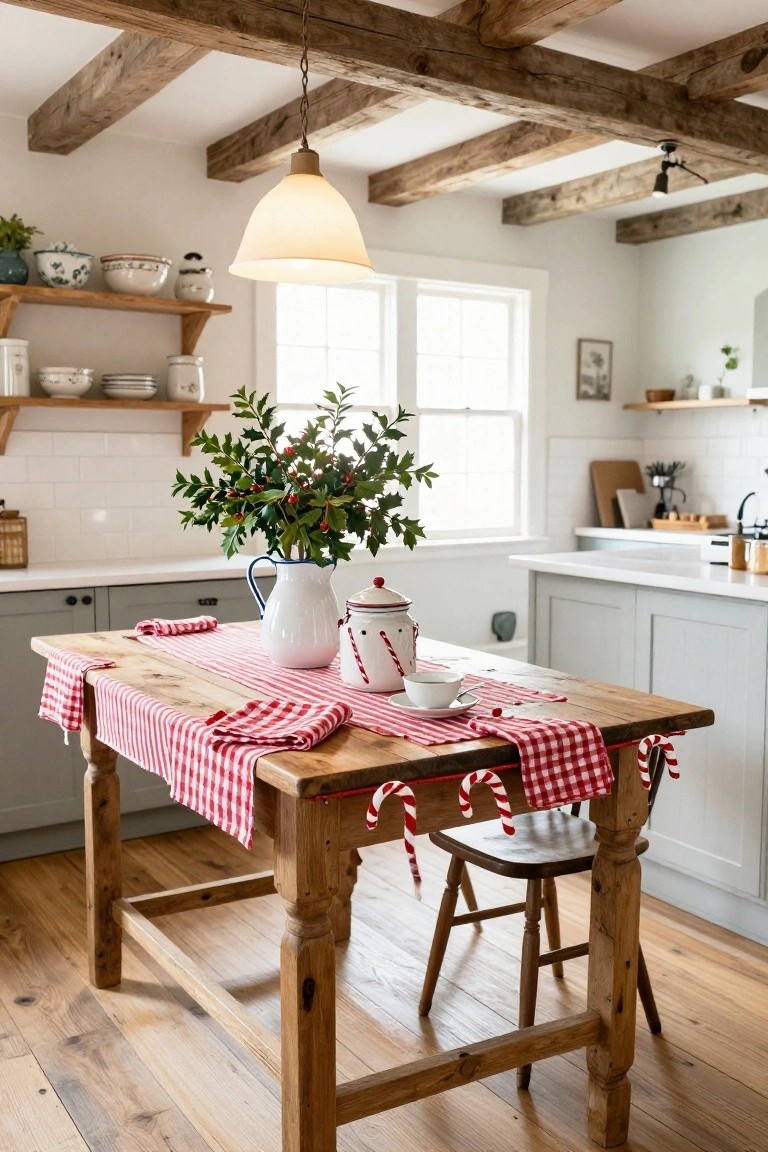 Rustic kitchen with exposed wood beams, white subway tile, gray cabinets, wooden farmhouse table covered in red gingham cloth edged with candy canes, white teapot, holly in vase, and stools.