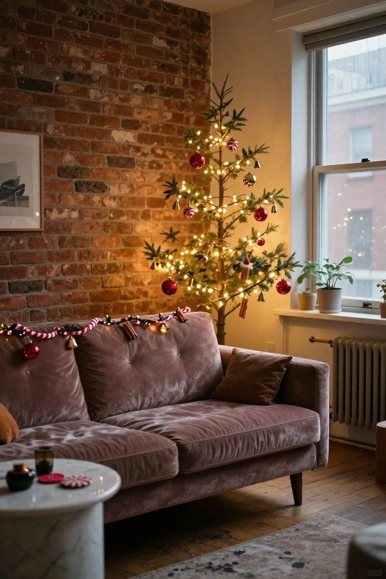 Small lit Christmas tree with red ball ornaments and string lights against exposed brick wall next to plush mauve velvet sofa draped with red and white candy cane garland containing bells and cinnamon sticks in living room with window and houseplants.