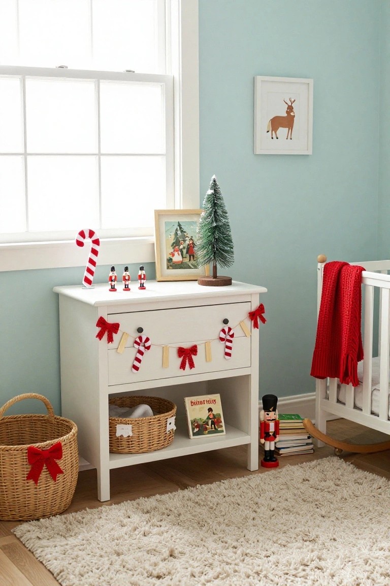 Light blue nursery room with white dresser topped by small Christmas tree and picture frame, candy cane garland hanging from front, nutcrackers and baskets nearby, red blanket on wooden crib, and rocking chair in corner.
