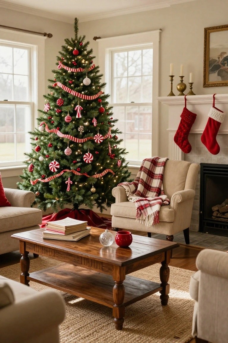 Living room corner with a tall Christmas tree wrapped in red-and-white striped ribbon garlands and decorated with peppermint candy ornaments, red balls, and lights, beside a beige armchair, wooden coffee table, and fireplace with red stockings.