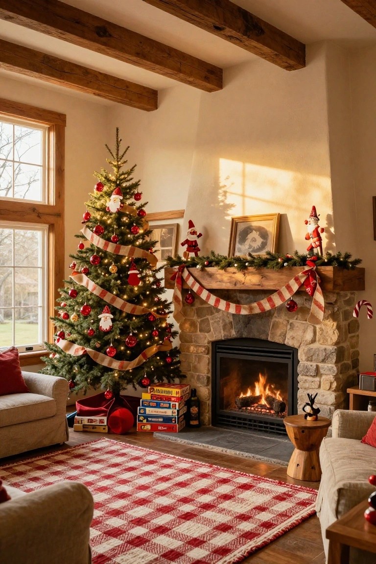 Living room interior featuring a lit Christmas tree wrapped in red and white striped burlap ribbons, stone fireplace with garland and stockings, plaid rug, board games, and beige sofas.