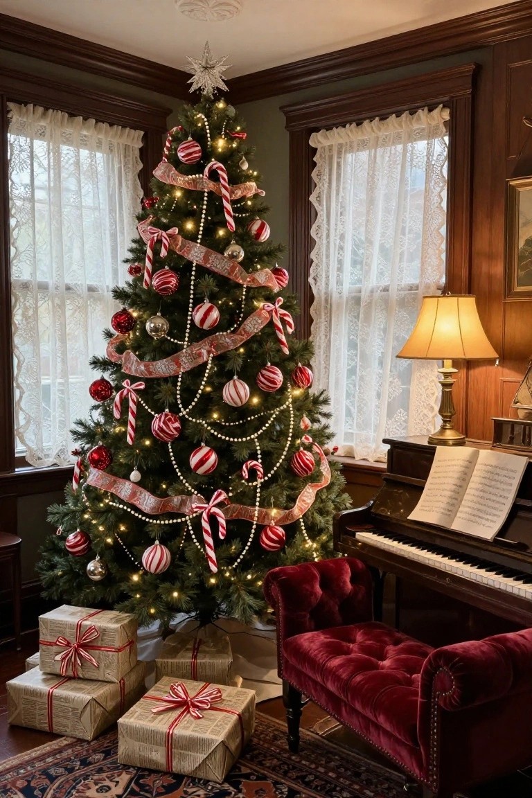 Tall artificial Christmas tree decorated with red and white candy canes, ribbons, beaded strands, and round ornaments stands in corner of wood-paneled room beside upright piano, red velvet bench, and stacked wrapped gifts on oriental rug.