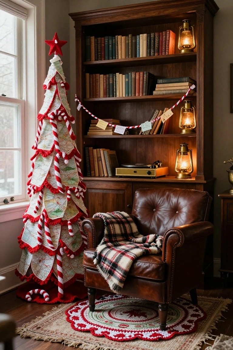 A tall Christmas tree shaped like layered red-and-white candy canes with map fabric stands beside wooden bookshelves in a warmly lit room with a leather armchair, plaid blanket, brass lanterns, and a crocheted rug.