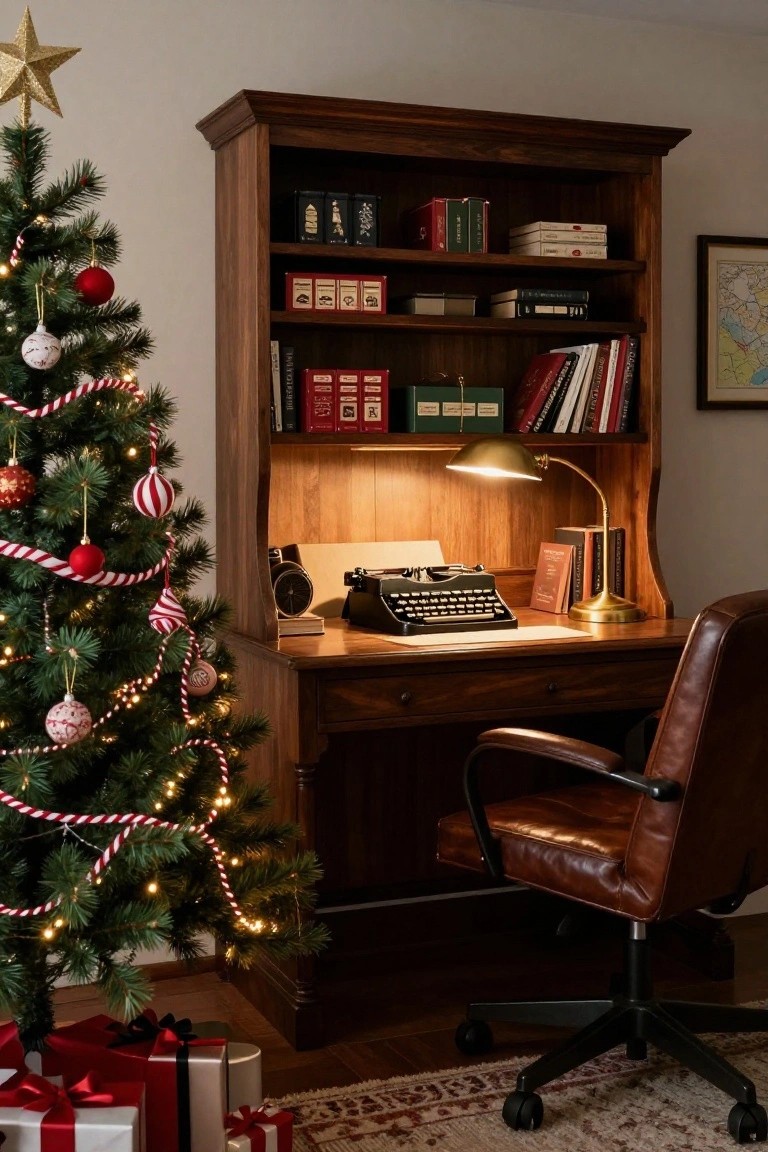 Small Christmas tree with candy cane garlands and ornaments next to wooden desk holding typewriter under bookshelves in warmly lit room with presents on floor.