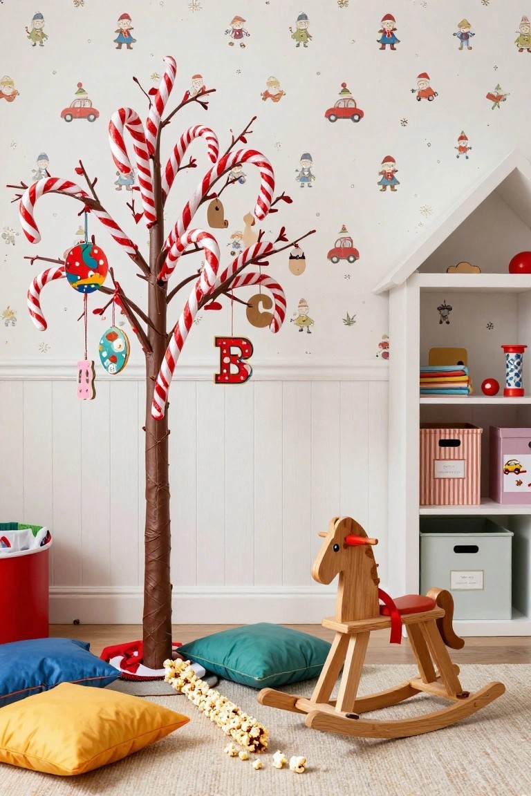 Children's playroom with a tall artificial tree made of red and white candy canes, hanging ornaments, wooden rocking horse, colorful pillows on the floor, and wallpaper featuring cartoon elves, cars, and snowflakes.