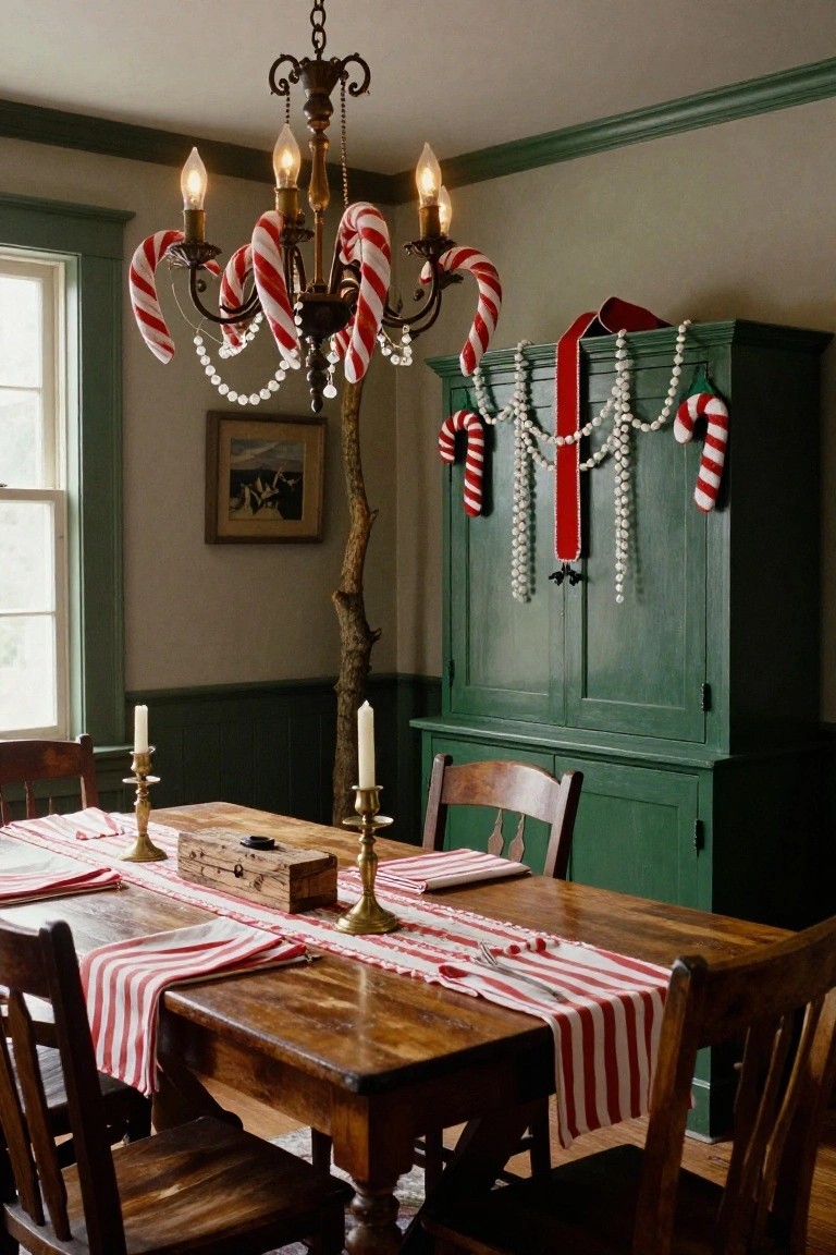 Dining room featuring a brass chandelier with red and white candy canes hooked onto its arms, a wooden table with candles and striped red and white runners, wooden chairs, a green cabinet decorated with garlands and candy canes, and a tall tree branch in the corner.