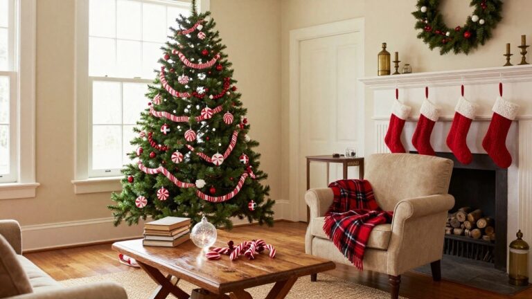Living room corner with a tall Christmas tree wrapped in red-and-white striped ribbon garlands and decorated with peppermint candy ornaments, red balls, and lights, beside a beige armchair, wooden coffee table, and fireplace with red stockings.