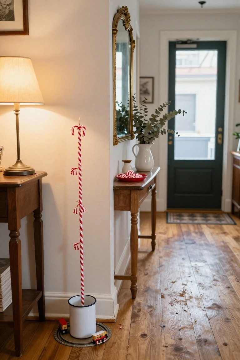 Tall Candy Cane Tree in an Entryway Bucket