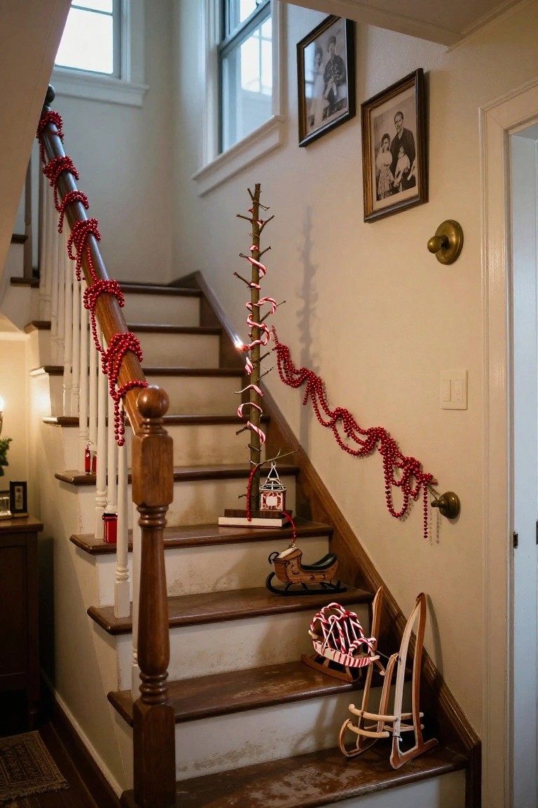 Wooden staircase inside a home decorated for Christmas with multiple strands of red bead garlands draped along the banister and newel posts, a small twig tree on the wall wrapped in candy cane garlands, and small sleigh and ski ornaments on the steps.