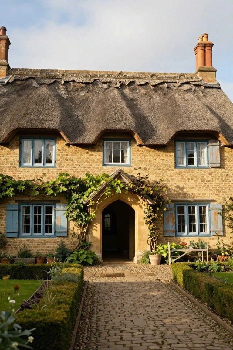 A thatched roof cottage made of yellow brick with blue shutters on the windows, an arched entryway draped in green ivy, potted plants nearby, and a stone pathway bordered by hedges and gardens.