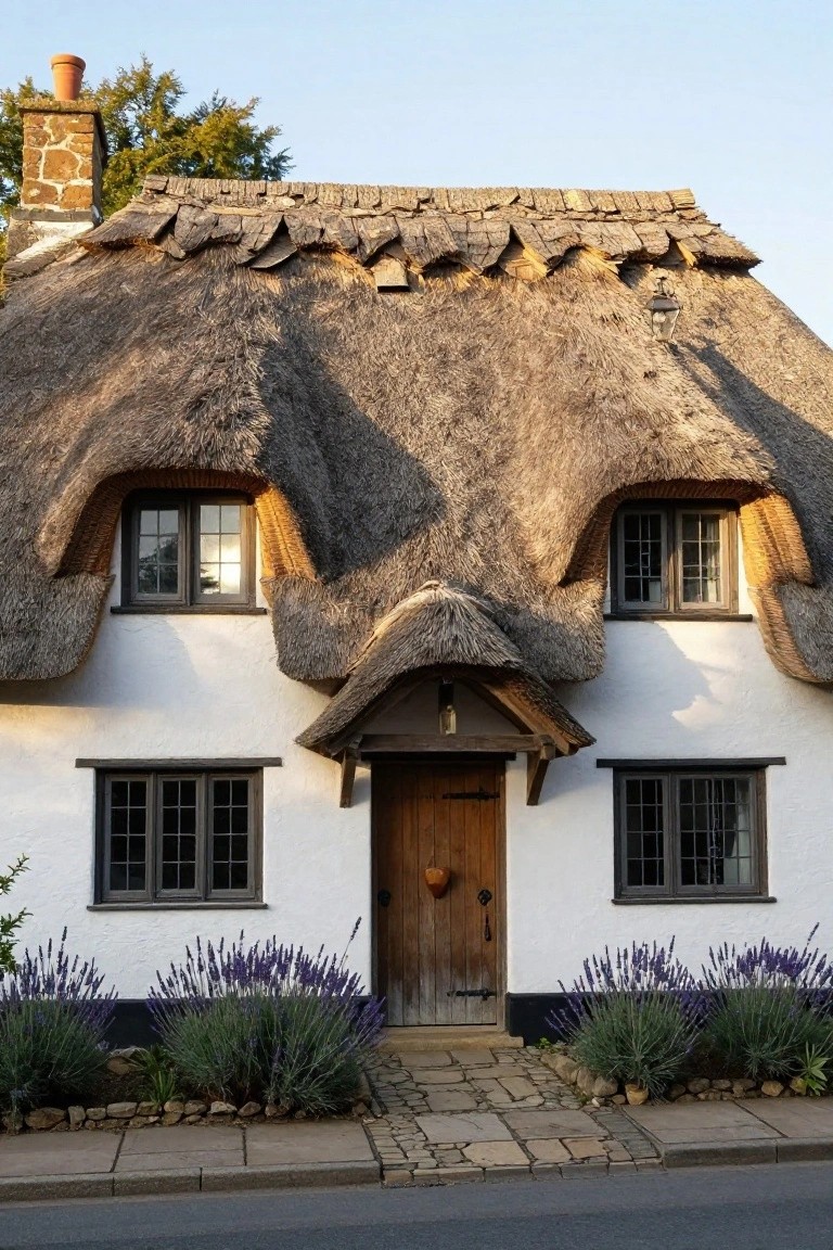 White-rendered cottage with thick curved thatch roof, eyebrow windows, wooden front door with knocker and hood, lavender bushes flanking the entrance, and stone pathway in front.