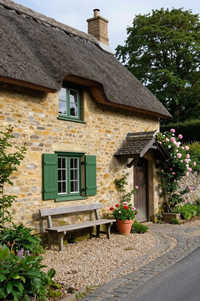 Stone thatched cottage exterior with green shuttered windows, hooded wooden porch over dark door covered in pink climbing roses, wooden bench, potted red flowers, gravel area, and plants along the base.