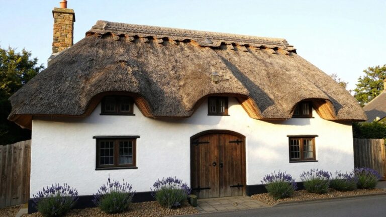 White-rendered cottage with thick curved thatch roof, eyebrow windows, wooden front door with knocker and hood, lavender bushes flanking the entrance, and stone pathway in front.